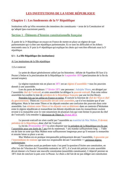 Cours 1 semestre 2 LES INSTITUTIONS DE LA VEME RÉPUBLIQUE Chapitre 1