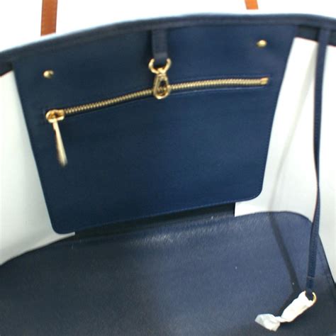 Michael Kors Jet Set Medium Travel Stripe Genuine Leather Tote Navy