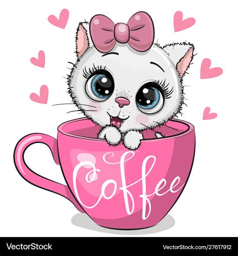 Cartoon Kitten Is Sitting In A Cup Coffee Vector Image