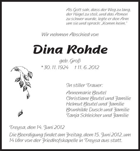 Traueranzeigen Von Dina Rohde Trauer Hna De