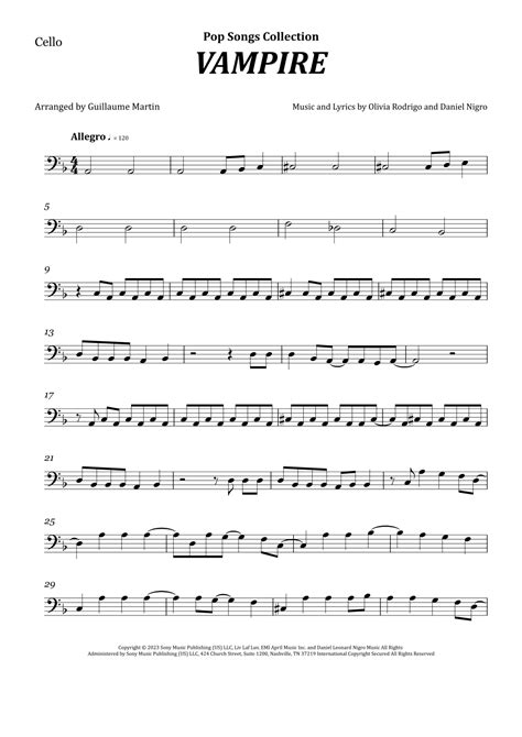 Vampire Arr Guillaume Martin By Olivia Rodrigo Sheet Music For Cello