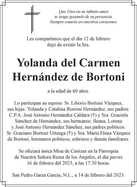 Sra Yolanda del Carmen Hernández de Bortoni Obituario Esquela