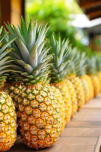 Premium Ai Image A Row Of Pineapples Sitting On Top Of A Wooden Table