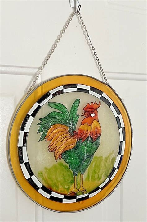 Vintage Stained Glass Rooster Round Suncatcher Window Decor Ebay