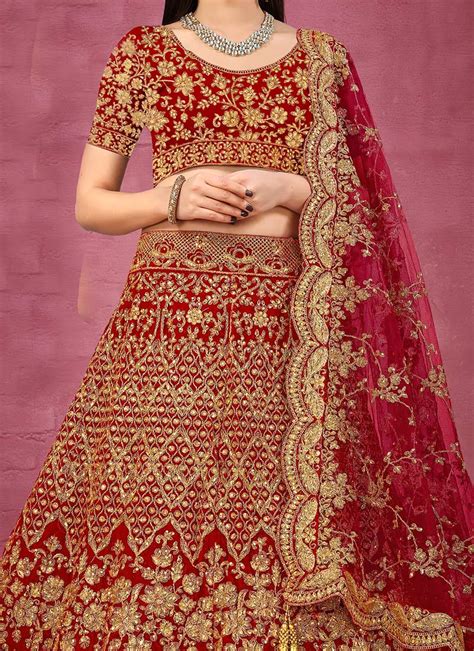 Shop Red Velvet Zari Embroidery Umbrella Lehenga Wedding Wear Online At