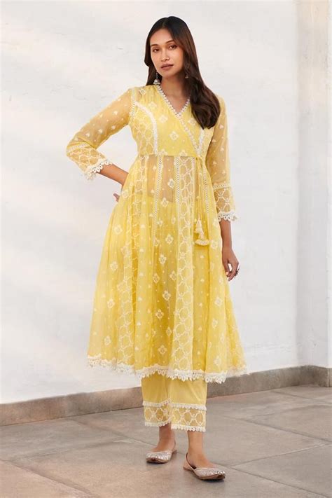 Mulmul Morey Embroidered Angarkha And Pant Set Yellow Floral Pure