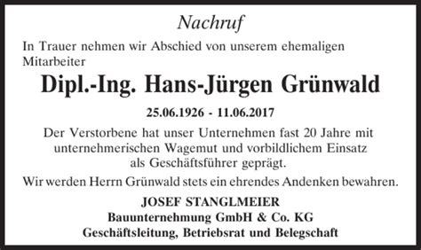 Traueranzeigen von Dipl Ing Hans Jürgen Grünwald Mittelbayerische