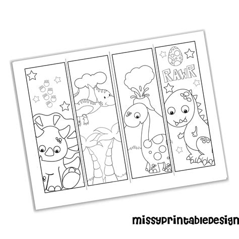 Dinosaur Coloring Bookmarks Set Of 4 Printable Dinosaur Etsy