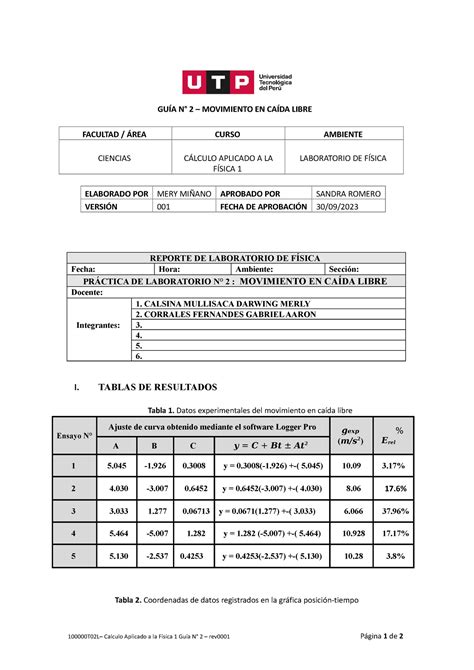 Reporte DE Laboratorio 2 GUÍA N 2 MOVIMIENTO EN CAÍDA LIBRE