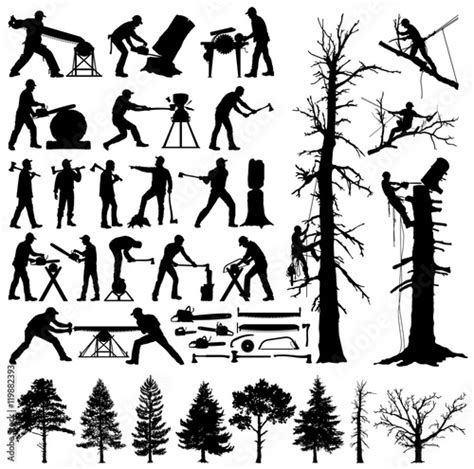 Lumberjack Tree Climber Tools And Trees Editable Vector Silhouettes