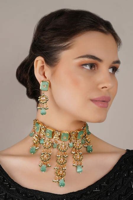 Buy Green Kundan And Turquoise Embellished Choker Necklace Set By