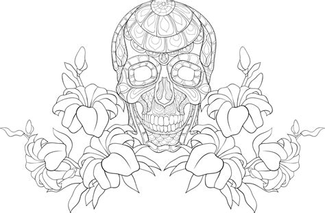 Floweradorned Skull Illustration In Adult Coloring Book Page Vector Idea Tangle Image Png And