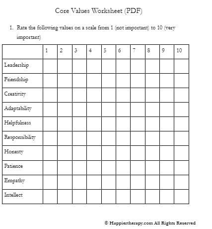 Core Values Worksheet (PDF) | HappierTHERAPY - Worksheets Library