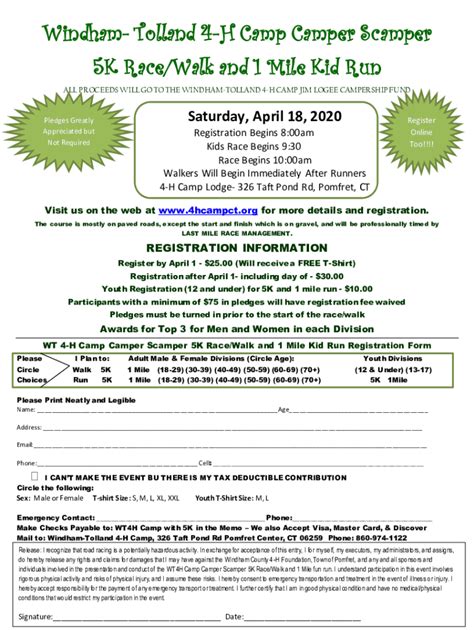 Fillable Online Tolland 4 H Camp Camper Scamper 5K Race Walk And 1