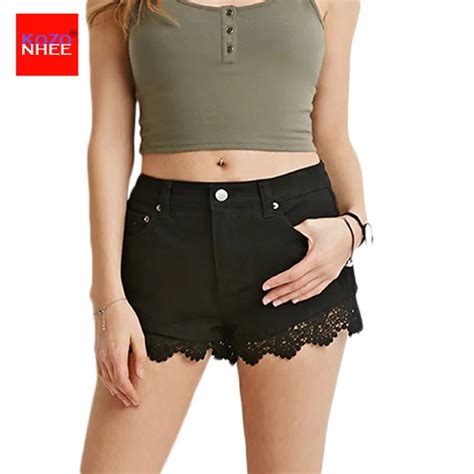 Lace Hollow Black Denim Shorts Women Ripped Jeans With High Waist Sexy