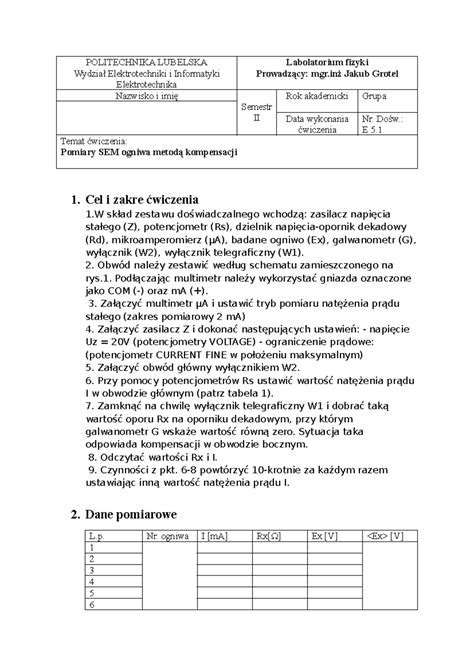 Protoku E Politechnika Lubelska Wydzia Elektrotechniki I