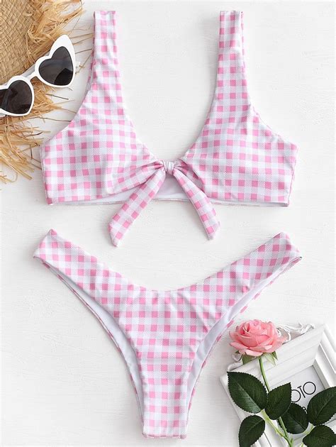 Knotted High Leg Plaid Bikini Set Pink S Hot Sales 2019 Swimwear