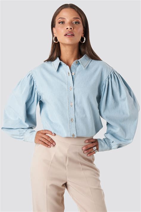 Puff Sleeve Denim Shirt Blue Denim Shirt Dress Shirt Sleeves Sporty