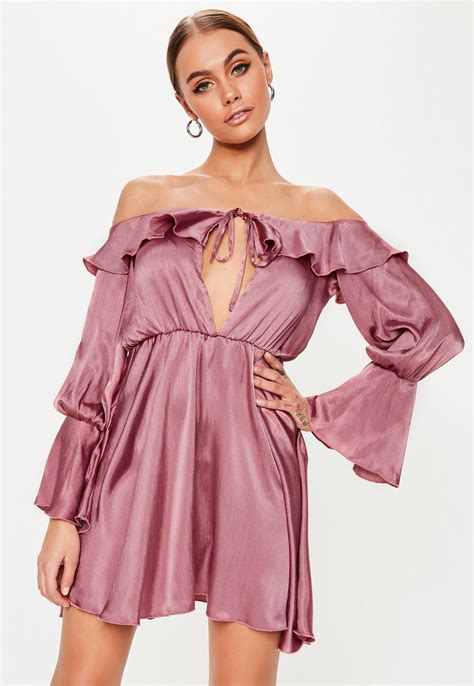 Pink Satin Bardot Frill Skater Dress Missguided Trending Dresses Pink Satin Dress Dresses