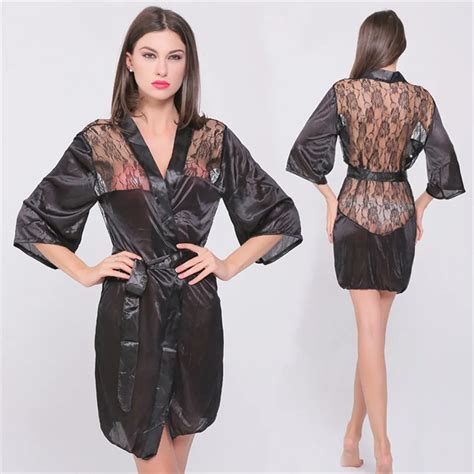 Sexy Lingerie Plus Size Satin Lace Black Kimono Intimate Sleepwear Robe