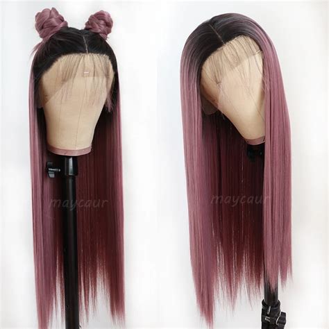 Ombre Purple Long Straight Lace Front Wig Heat Resistant Synthetic Hair Wigs For Women 180