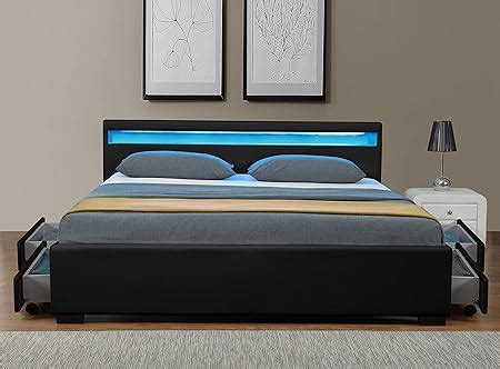 Tokyo Black Leather LED Light Headboard Storage Bed With Four Drawers ...