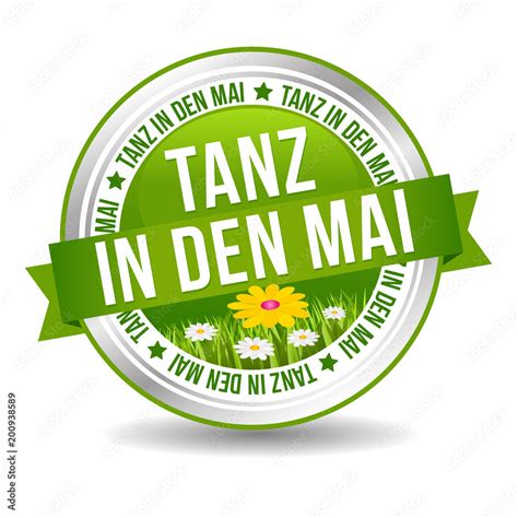 Tanz In Den Mai Button Mit Bumenwiese Web Banner Button Stock