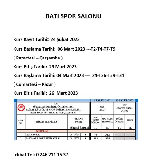 Batı Spor Tesisleri Mart 2023 Kurs Kayıt Tarihleri SAĞLIK KÜLTÜR VE