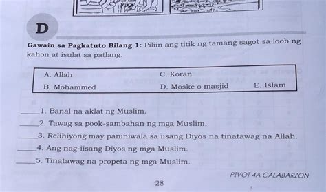 Piliin Ang Titik Ng Tamang Sagot Sa Loob Ng Kahon At Isulat Sa Patlang