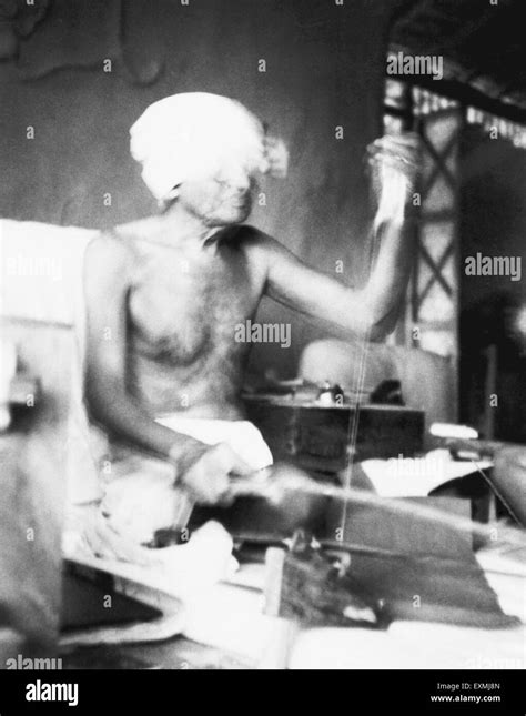 Mahatma Gandhi Spinning On Dhanush Takli Spinning Instrument In His Hut