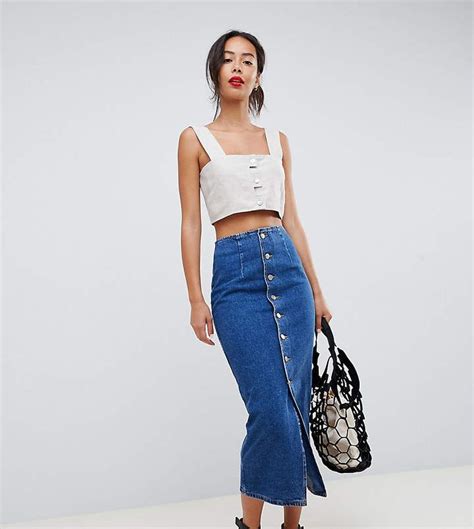 ASOS Tall DESIGN Tall Denim Midi Skirt With Buttons In Midwash Blue