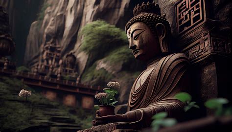 Buddhist Sculpture In Tranquil Scene Ancient Architecture Meditation