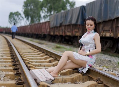 Asian Bokeh Brunette Girl Sitting Rails Dress Hands Legs Hd