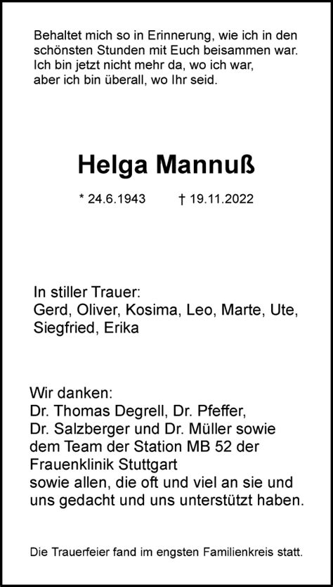 Traueranzeigen Von Helga Mannu Zvw Trauer