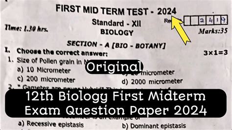 12th Biology First Midterm Exam Original Question Paper 2024 Youtube