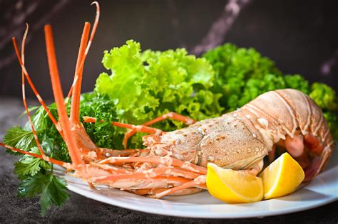 Spiny Lobster Food On Plate Fresh Lobster Or Rock Lobster Seafood With