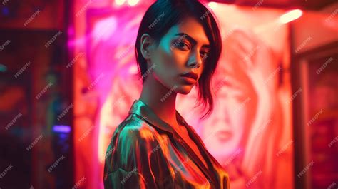 Premium Ai Image A Woman Stands In Front Of A Neon Wall With Neon