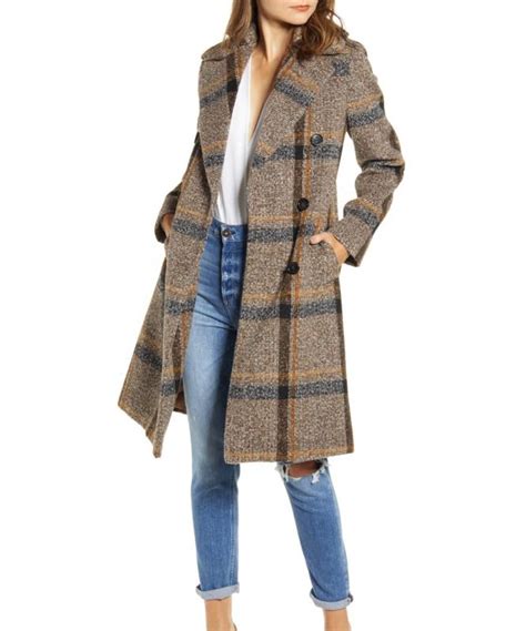 Womens Double Breasted Coat Brown Plaid Trench Coat