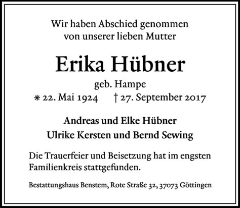 Traueranzeigen von Erika Hübner trauer anzeigen de