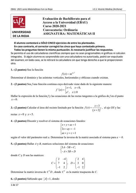 EBAU Matemáticas La Rioja Exámenes y Soluciones 2024