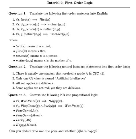 Solved Tutorial 9 First Order Logic Question 1 Translate