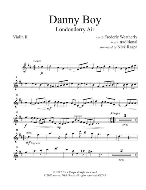 Danny Boy For String Orchestra Violin II Part Arr Nick Raspa Sheet