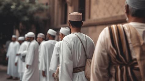 Premium Photo A Group Of Men In White Robes Stand In A Line In A Street