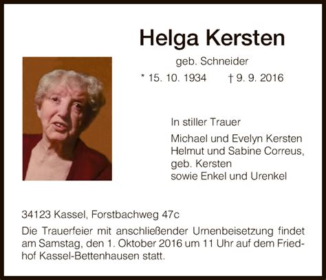 Traueranzeigen Von Helga Kersten Trauer Hna De