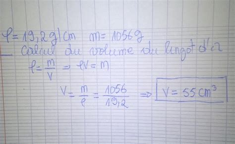 La Masse Volumique De L Or Et De 19 2g Cm Cube Le Volume D Un Cube