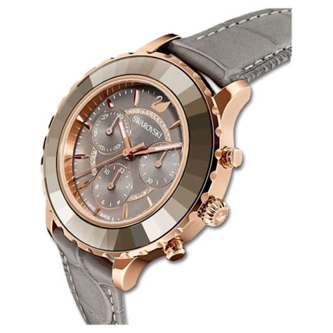 Swarovski Octea Lux Chrono Uhr Lederarmband Grau Roségoldfarbenes