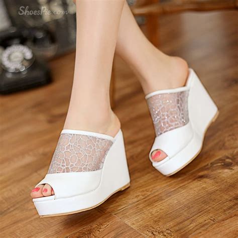 Simple White Peep Toe Mesh Wedge Sandals Womens Sandals Wedges Wedge