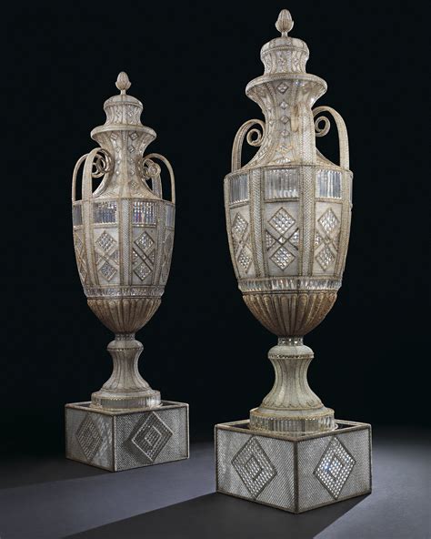 A Pair Of Monumental Italian Beaded And Faceted Glass Vases Fitted As Lamps 20th Century