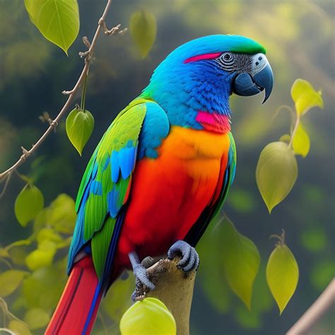 Un Loro Colorido Con Cola Azul Se Sienta En Una Rama Foto Premium