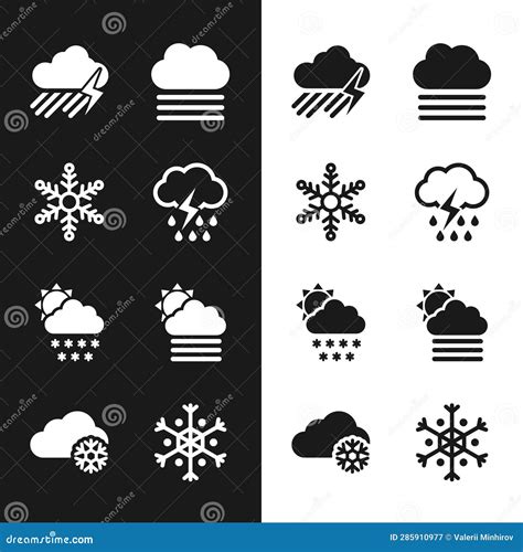 Set Cloud With Rain And Lightning Snowflake Fog Cloud Snow Sun And